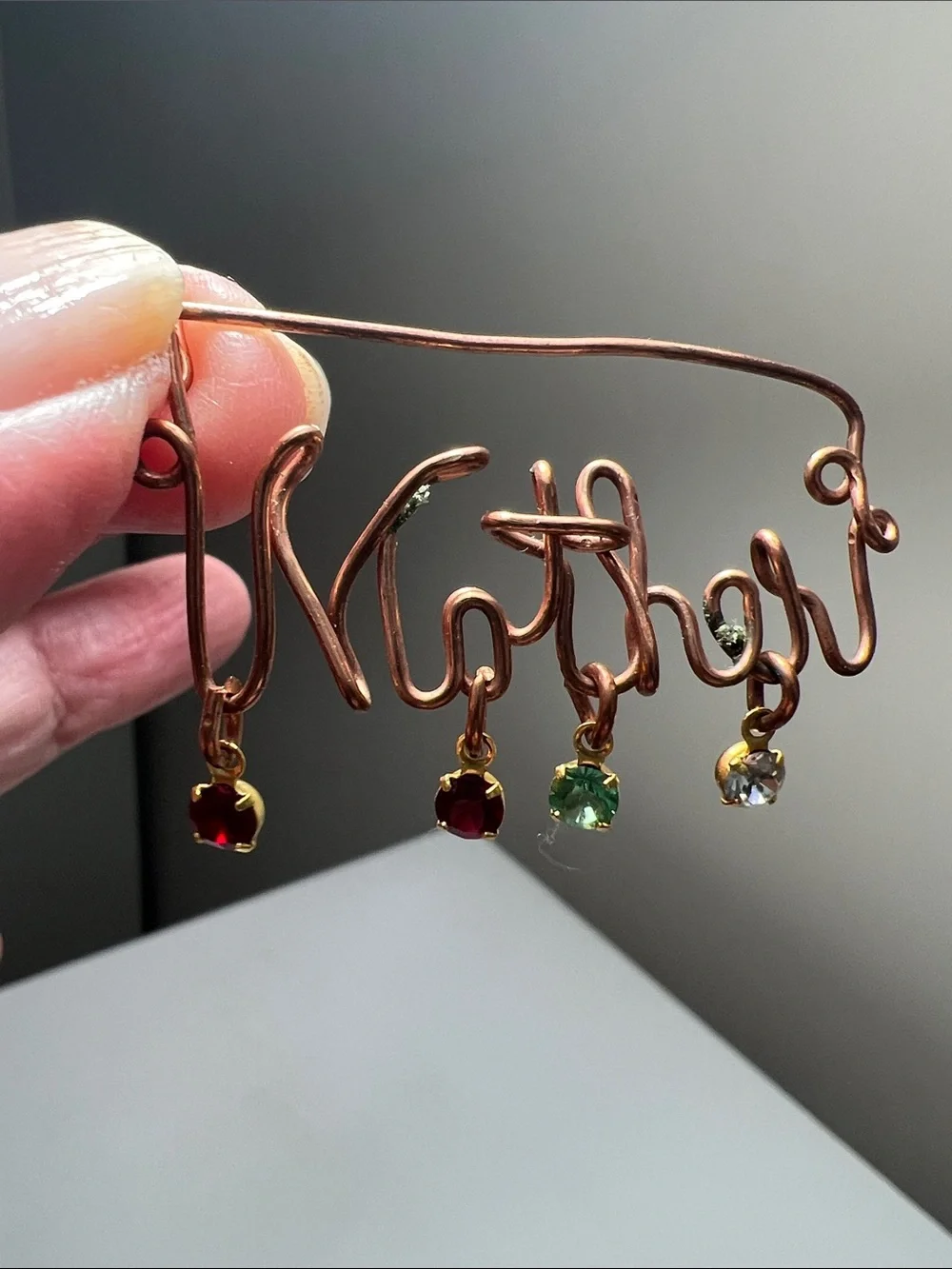 Vintage Copper 'Mother' Wire Brooch Pin with Colored Crystal Drops